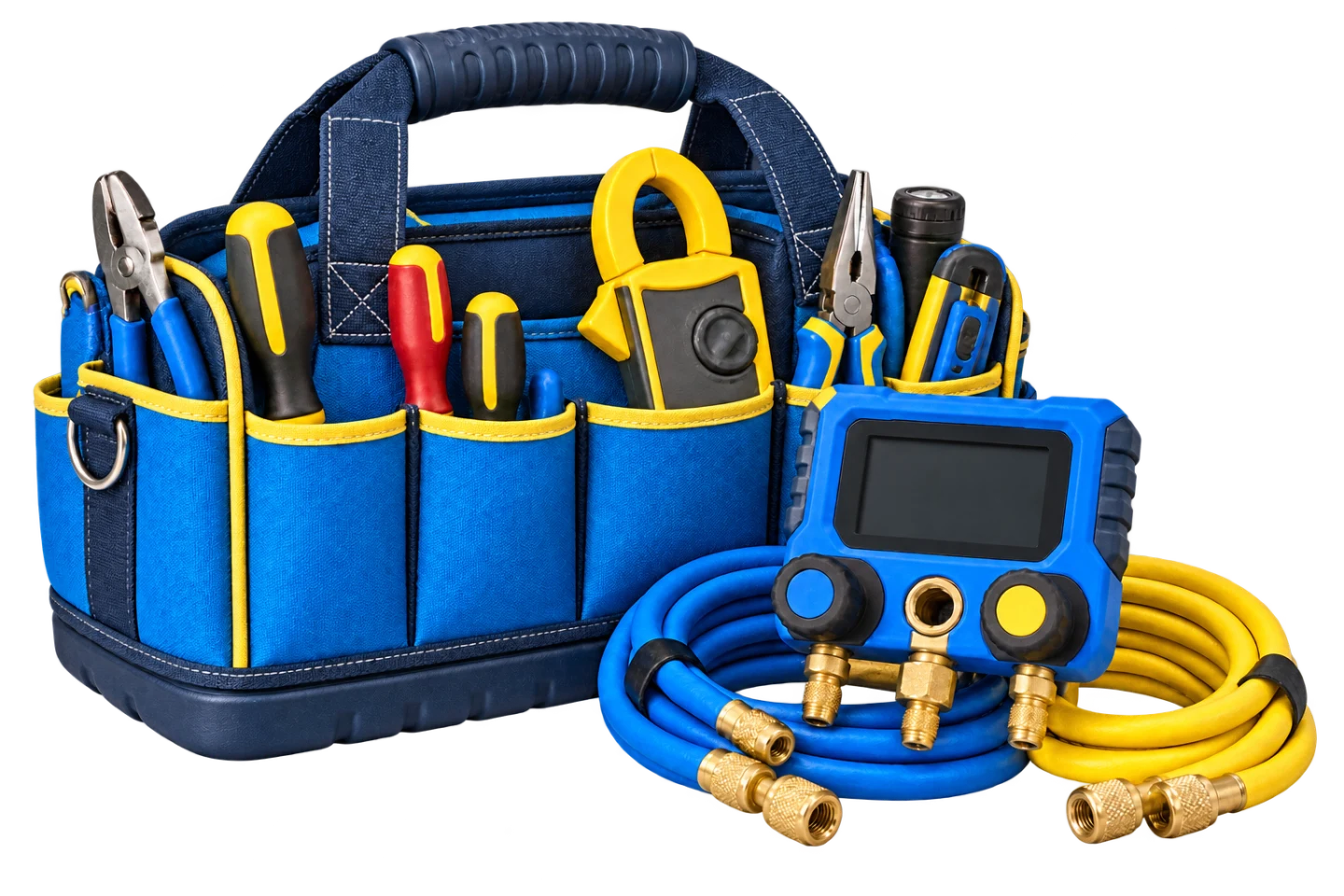 3D illustration of a blue-and-yellow HVAC tool bag, service meter and coiled hoses.