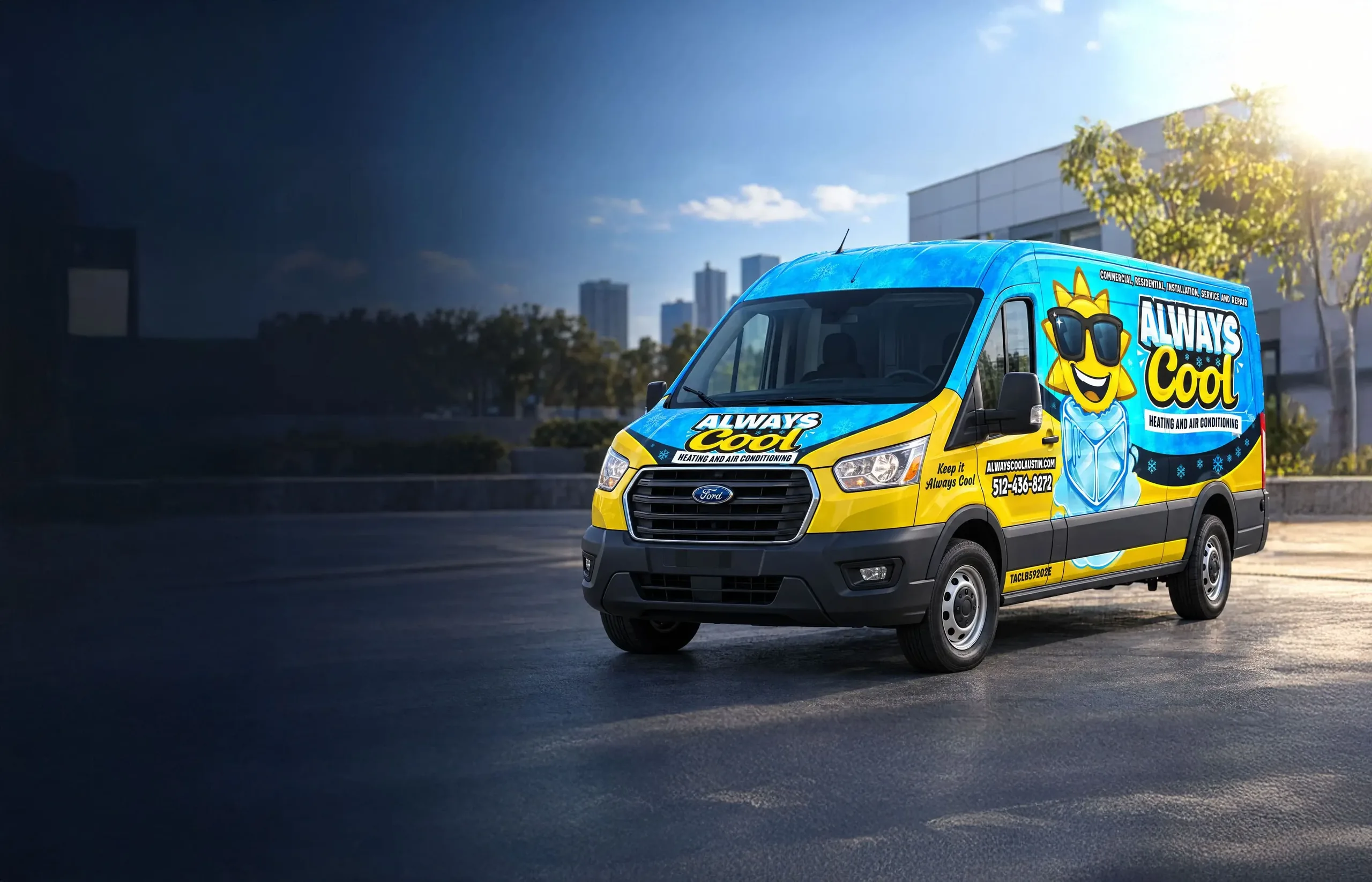 The blue-and-yellow Always Cool service van parked with the city skyline behind it, with the sun-and-ice mascot on its wrap.